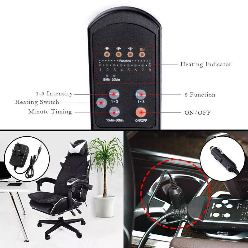 8 Modes Massage Cushion Full Back Car Chair-Seat Pad Mat Neck Heat Massager UK